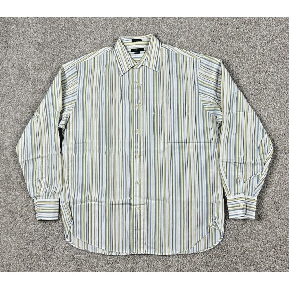 J Crew Shirt Mens Medium White‎ Green Blue Striped Long Sleeve Button Up Casual